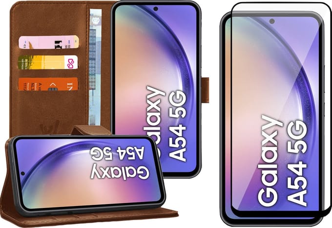 Hoesje geschikt voor Samsung Galaxy A54 - Screen Protector FullGuard - Book Case Kunstleer Pasjeshouder Bruin & Screenprotector