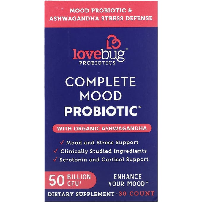 LoveBug Probiotics, Probiotique Complet pour l'Humeur avec Ashwagandha Bio, 50 Milliards d'UFC, 30 Comprimés
