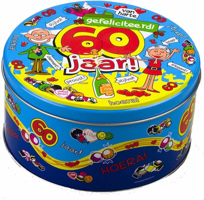 60 jaar snoeptrommel - 14 x 7,5 cm - koektrommel - 60e verjaardag - cadeau
