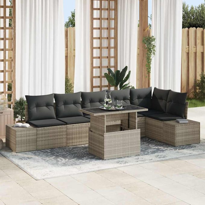 vidaXL - Tuinbank - Set - 7 - st - Lichtgrijs - poly - rattan