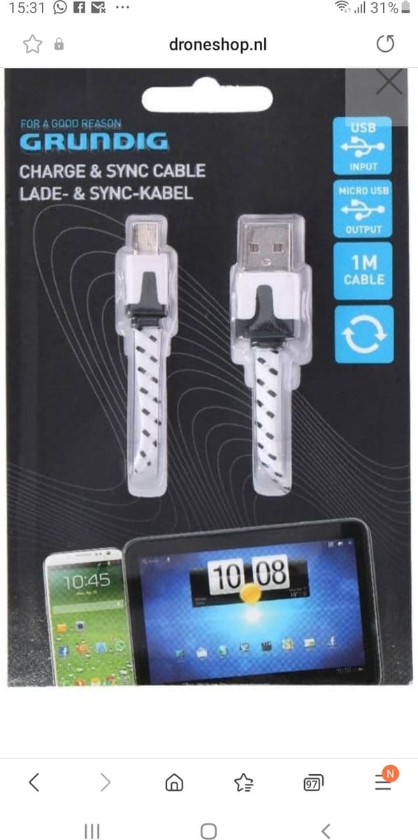 Cable Micro USB Grundig White/Black 1 m