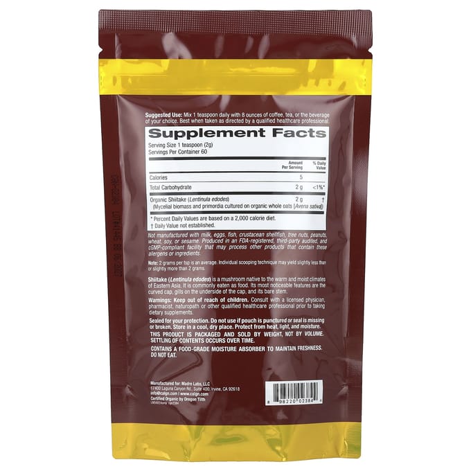 Fungiology®, Biologisch Gecertificeerd Shiitake Paddenstoelenpoeder, 120G (4.2oz)
