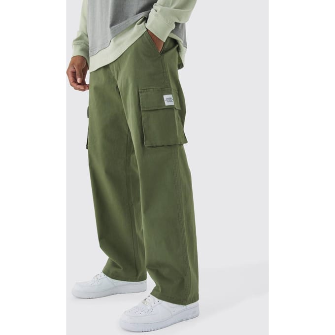 Relaxte pasvorm Fixed Waist Woven Tab Cargo Trousers | Khaki | Size 32