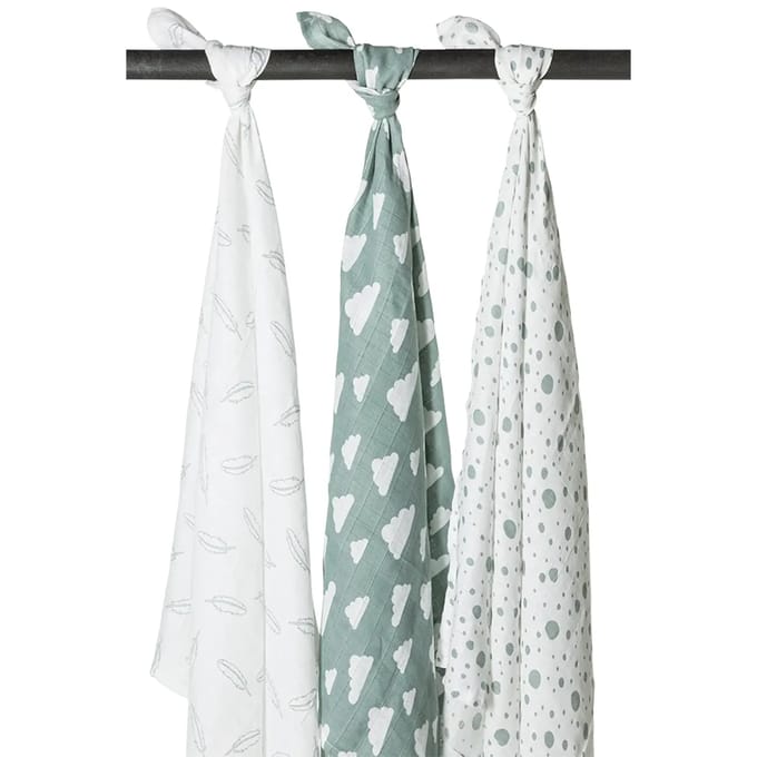Meyco Baby Clouds/Dots/Feathers swaddle - 3-pack - hydrofiel - stone green - 120x120cm