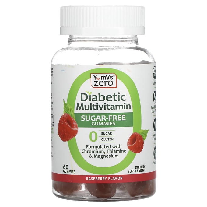 YumVs, multivitamine voor diabetes, zonder suiker, framboos, 60 gummies