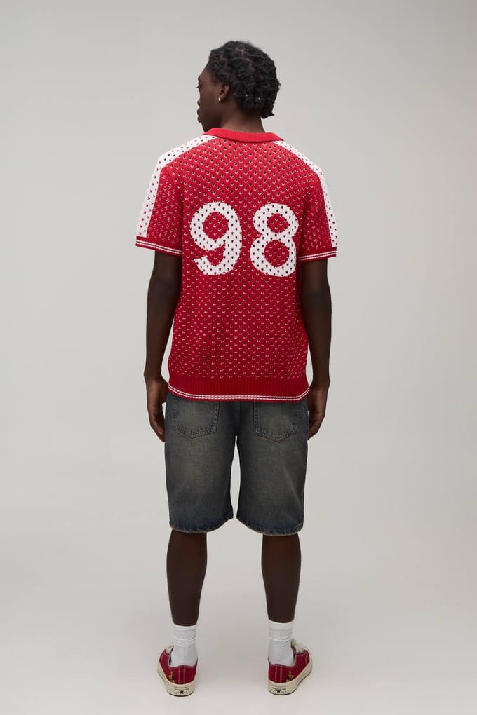 Regular Fit V Neck Football Open Stitch Knitted Polo | Red | Size Medium
