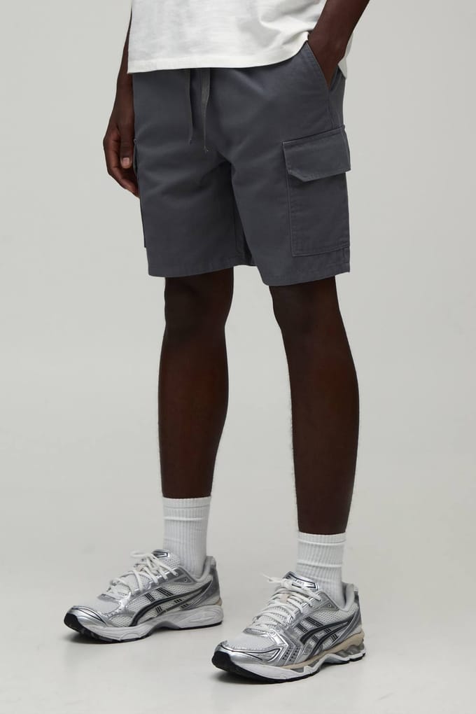 Essentiële Slim Fit Elastische Middellange Twill Cargo Shorts | Grey | Size Medium