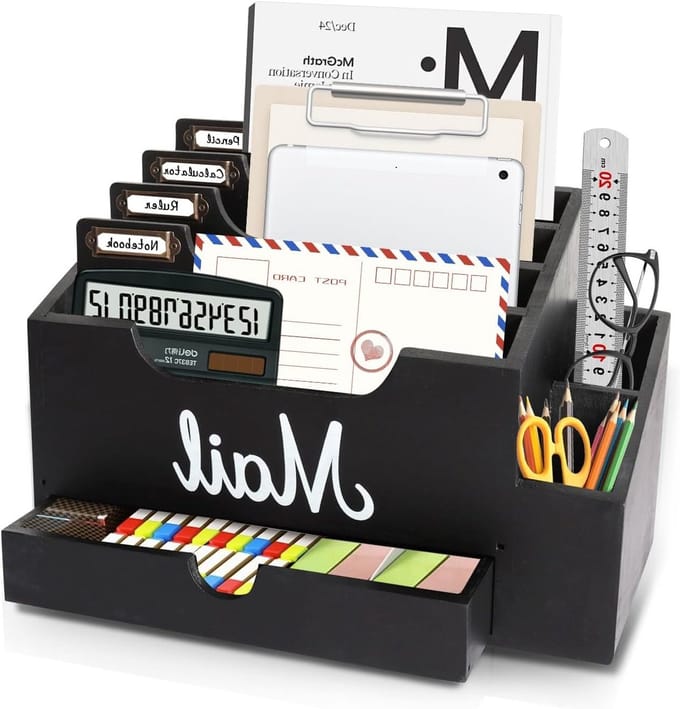 Houten Bureau Organizer met 6 Compartimenten en Lade voor Kantoor, School en Documentenbeheer