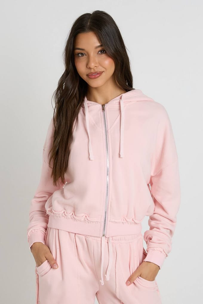 boohoo Dames Gewassen Loopback Distressed Cropped Hoodie Met Rits | Lichtroze | Maat: Large