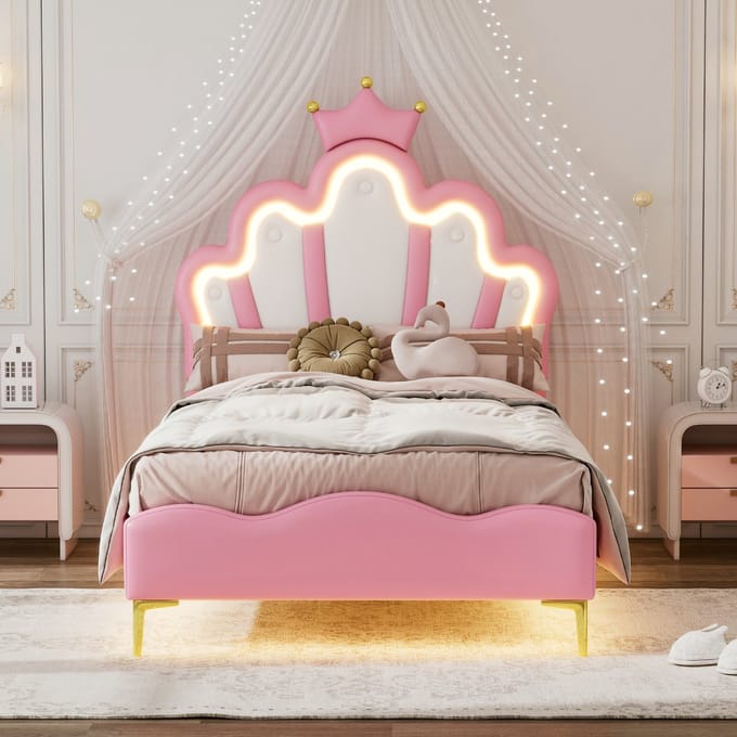 Eenpersoonsbed 90x200 / Bedframe 90x200 – Kroonvormig Hoofdbord – met LED-Verlichting, Lattenbodem – Roze – PU-Leer