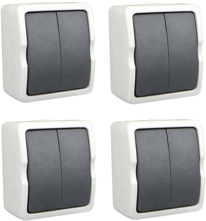 Benson Schakelaar - 4x - dubbel - opbouw - IP54 - 250V - 10A - spatwaterdicht - buiten