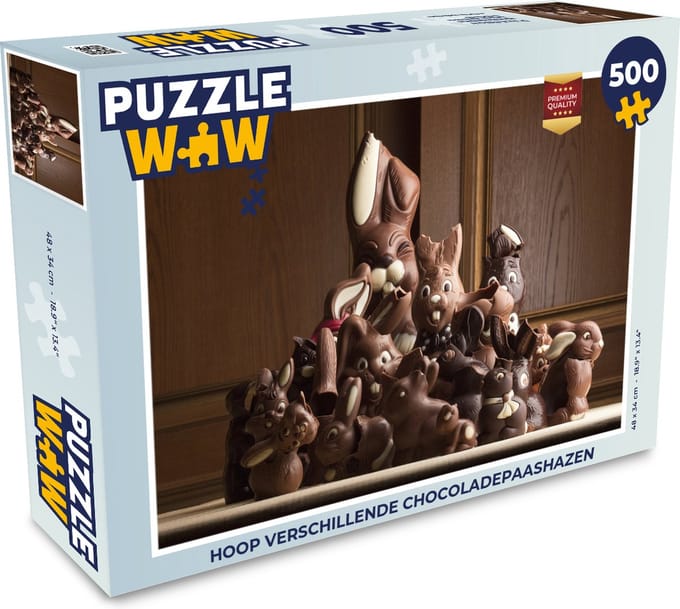 Puzzel Hoop verschillende chocoladepaashazen - Legpuzzel - Puzzel 500 stukjes