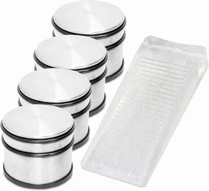 4x RVS deurstopper met rubberen bescherming + gratis deurwig transparant - 9 x 7.5 cm - 1.1 kg