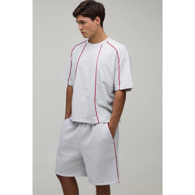 Oversized Boxy T-shirt & Baggy Short Set Met Contrasterende Biesjes | Grey Marl | Size Medium
