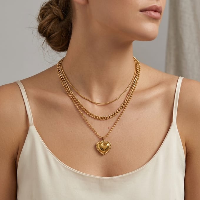 chetoria Gouden Drielagige Hartjes Ketting-Romantisch hartmotief