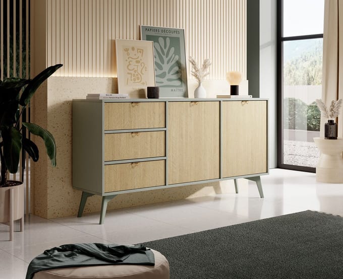Meubella - Dressoir Essence - Groen - Licht eiken - 158 cm