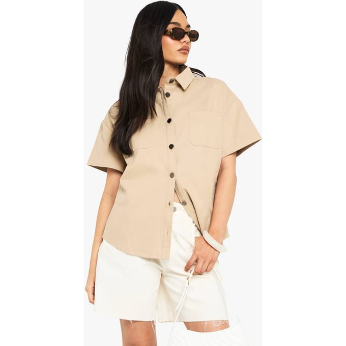 boohoo Dames Twill Korte Mouw Shirt | Stone | Maat: 6