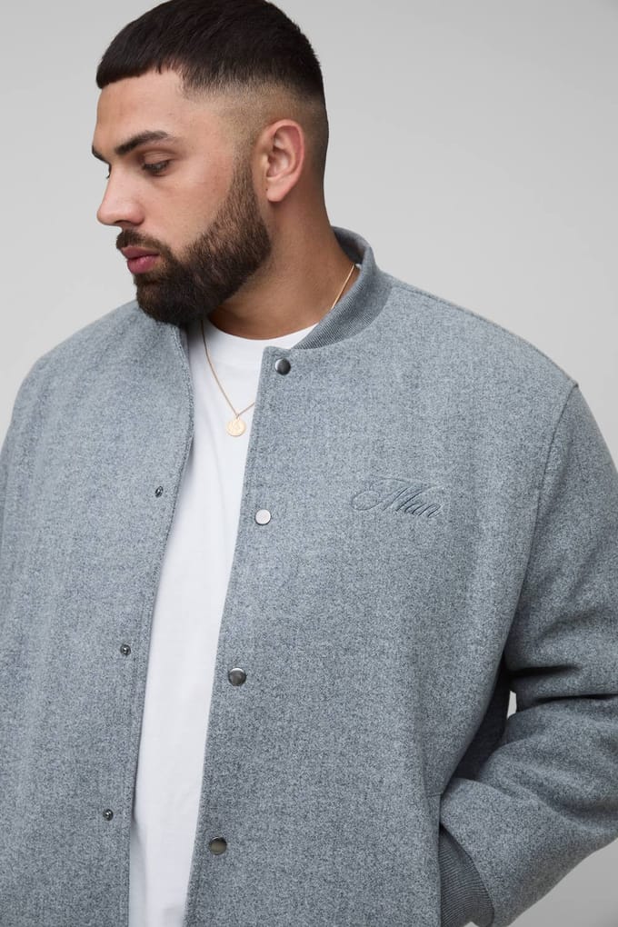Plus Regular Fit Geborduurde Melton Bomberjas | Grey | Size 2XL