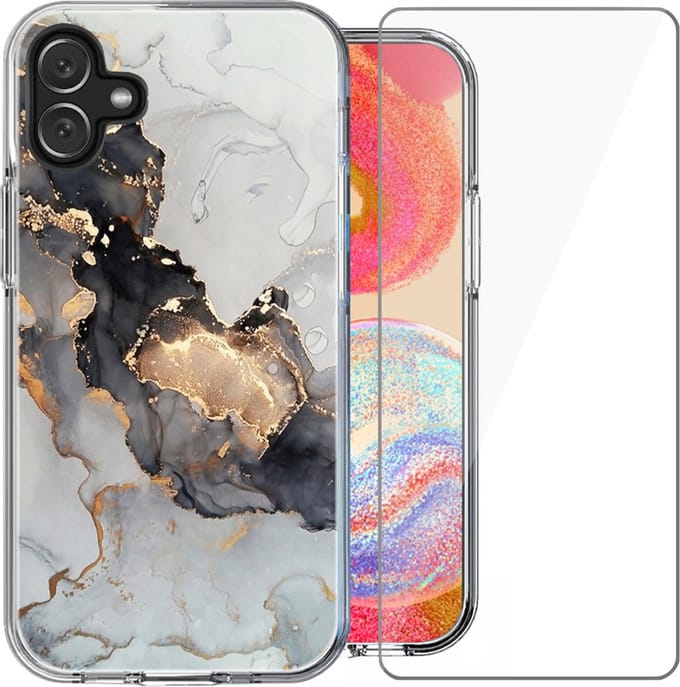 Hoesje geschikt voor Samsung Galaxy A04e - Screen Protector Glas - Back Cover Marmer Siliconen Case Wit & Screenprotector