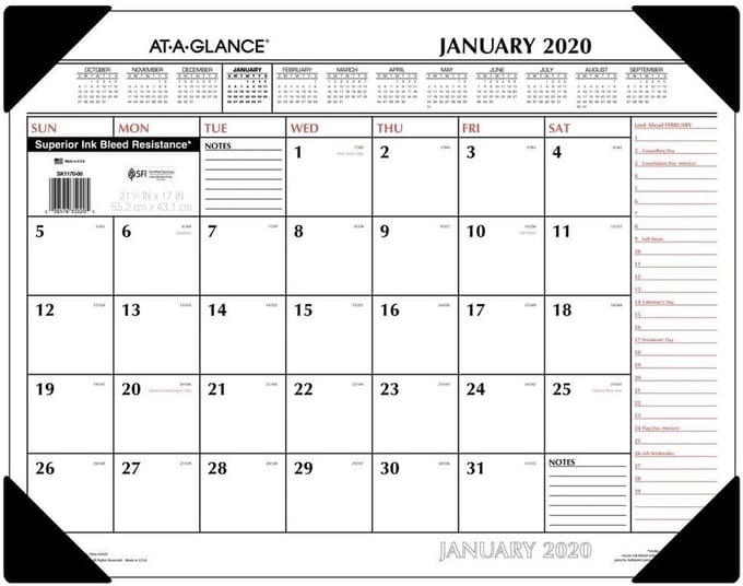 Grote Blauw/Zwarte 2020 Bureaukalender en Bureabladbeschermer 55 x 43 cm
