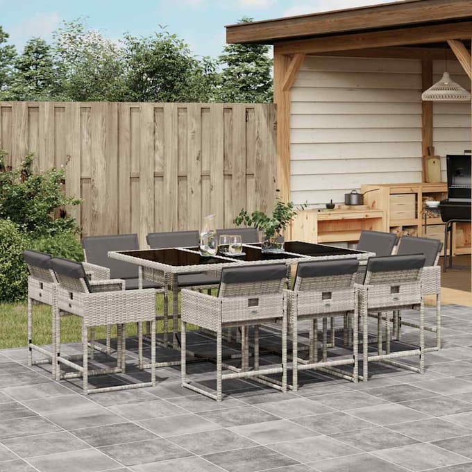vidaXL - 11-delige - Tuinset - met - kussens - poly - rattan - lichtgrijs