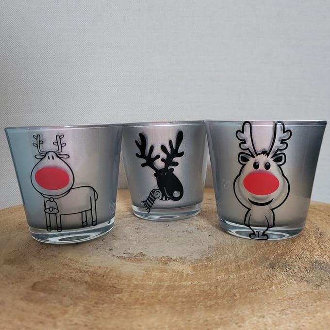 Set van 3 Theelichtjes - Kerst - Zilver - Rendier - Rudolf