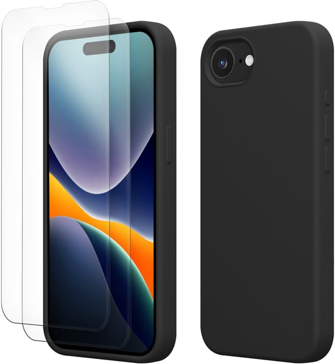kwmobile hoes met 2x screenprotectors voor Apple iPhone 17e / iPhone 16e – screenprotector van gehard glas – draadloos opladen – zwart