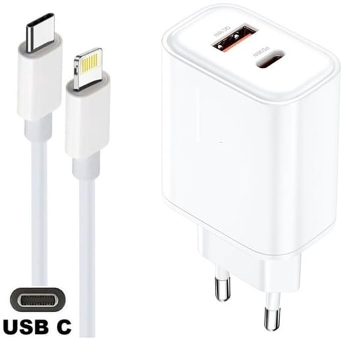 OneOne 36W snellader met 2 poorten + 1,2m OneOne USB C naar Lightning kabel. Witte PD PPS lader. GAN oplader adapter past op iPhone 8 t/m iPhone 14
