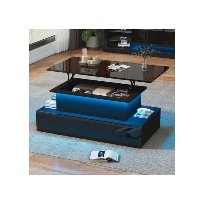 Table basse - MUVOE - Moderne - Noir brillant - Éclairage LED - 4 tiroirs noir