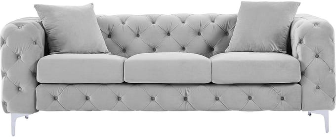 Vente-unique Driezits-Chesterfield-bank van lichtgrijs velours EDWINA