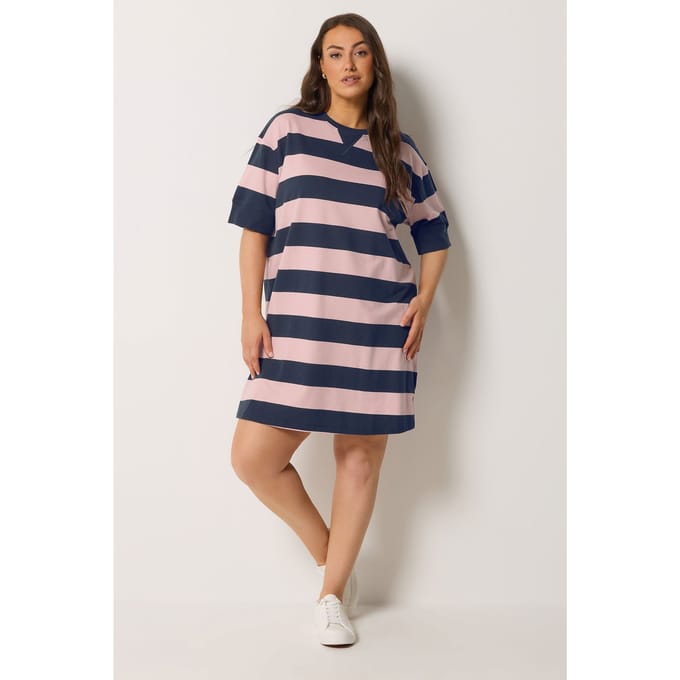 Yours Marineblauwe En Roze Gestreepte Tshirtjurk Size 42