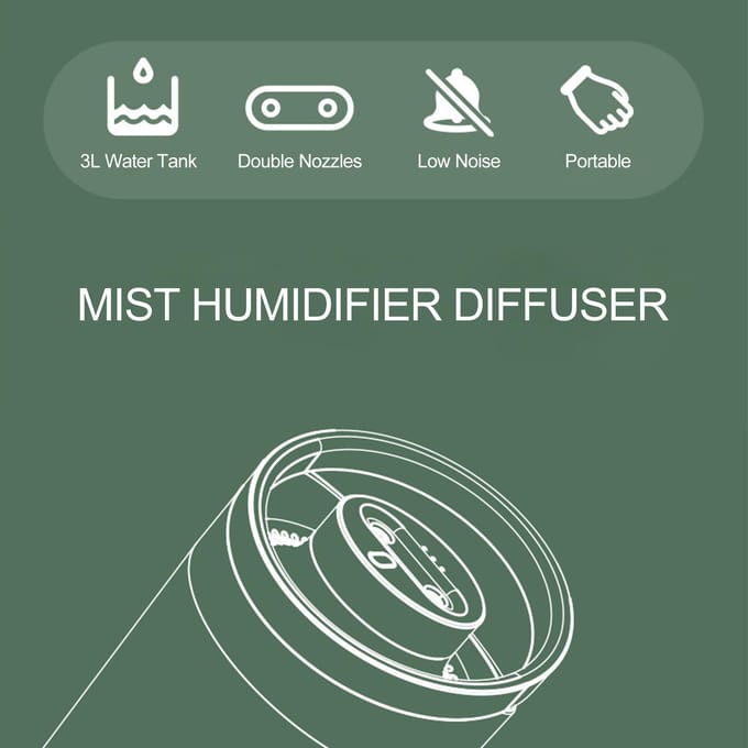 3L Mist-luchtbevochtiger Diffuser Dual Mist Stille luchtbevochtiger Topvulling Cool Mist etherische olie wit