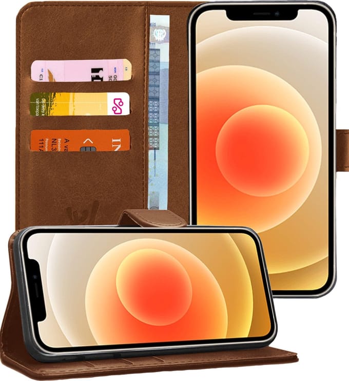 Hoesje geschikt voor iPhone 12 Mini - Book Case Kunstleer Pasjeshouder Bruin