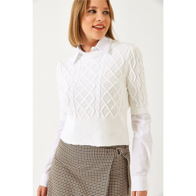 Gebreid Textuur Cropped Trui met Blousekraag