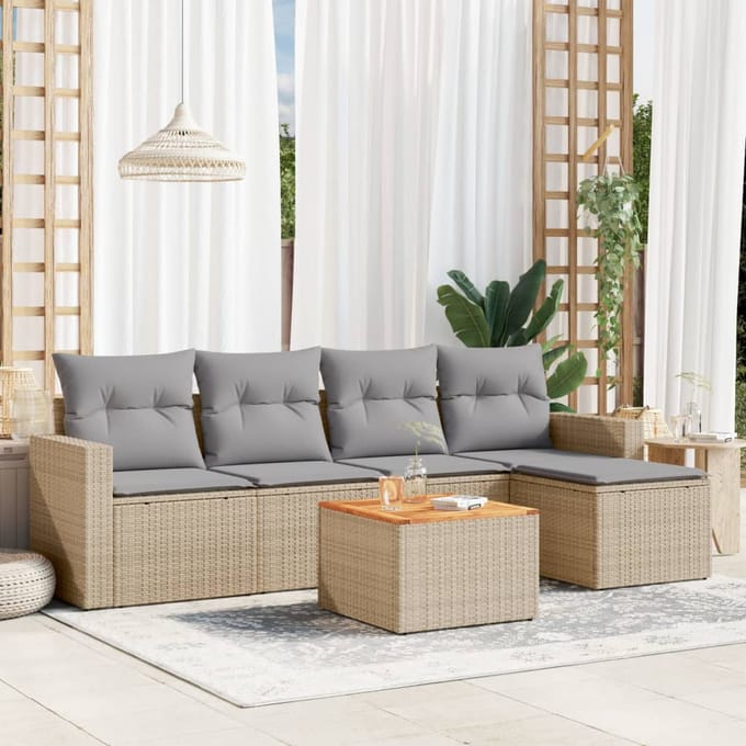 vidaXL - 6-delige - Loungeset - met - kussens - poly - rattan - beige