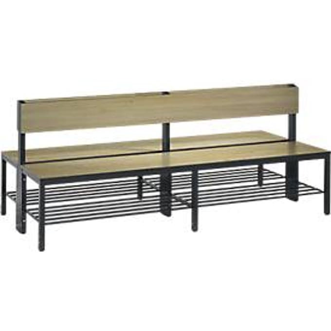 Basic Plus bank, 2-zijdig, met rugleuning en schoenenrek, 4-poots frame zwartgrijs RAL 7021, B 1960 mm, eiken Ser.