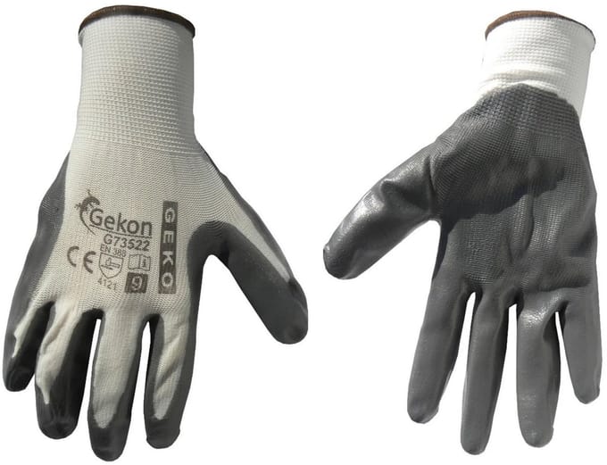 GEKO Katoenen werkhandschoenen - nitril coating - ademend - maat 9 - wit-grijs - 12 stuks