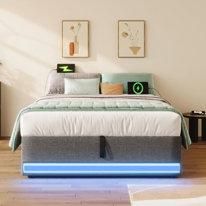 REDOM opbergbed 90x200 cm – Linnen, hydraulisch, LED, USB/Type-C – Grijs (geen hoofdbord)