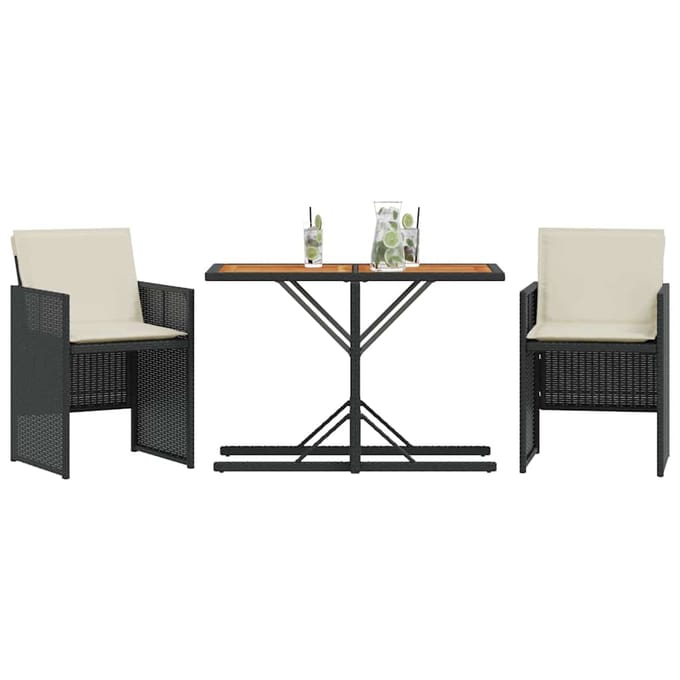 vidaXL - 3-delige - Bistroset - met - kussens - poly - rattan - zwart