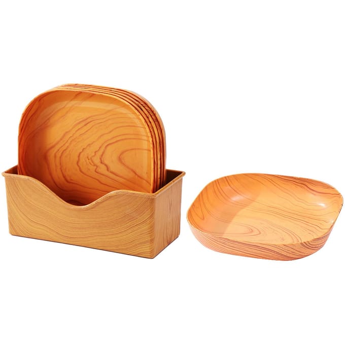 Lot de 6 plats de service carrés en bois, design spacieux, pour collations et desserts, avec organiseur orange