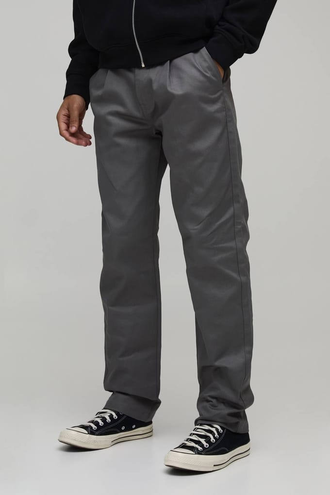 Straight Fit Pleat Front Chino Trouser | Charcoal | Size 52