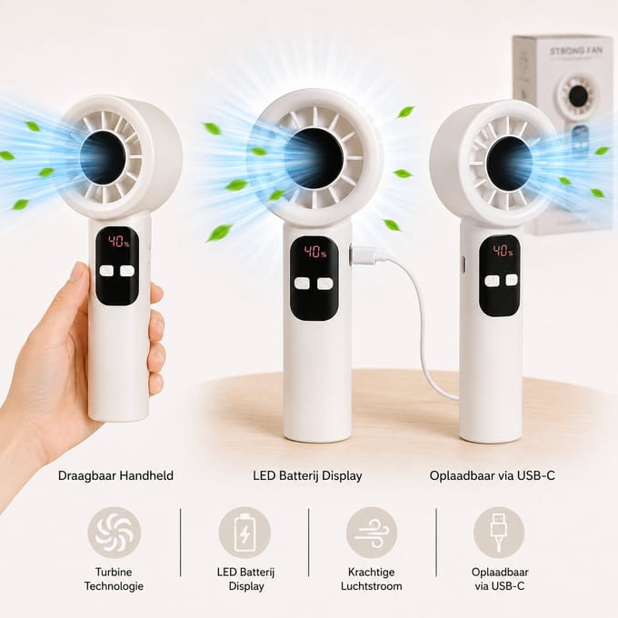 Litalife Handventilator met Digitaal Scherm - Draagbaar - USB-C Oplaadbaar - Off-White