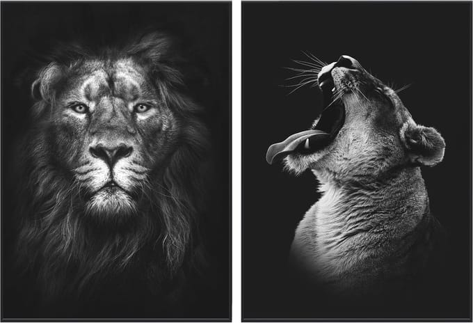 Zwart/wit posters - Dieren - 2 stuks - 50x70 cm - Leeuw & Leeuwin