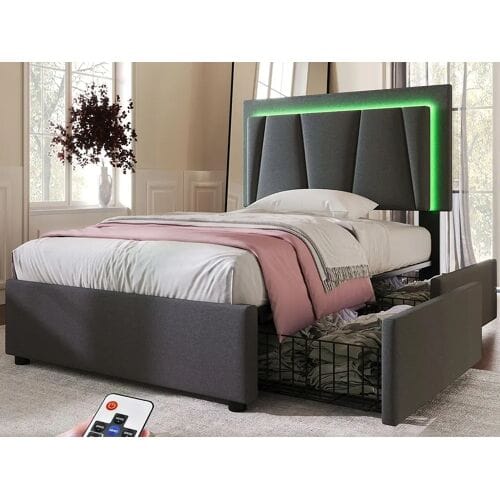ModernLuxe Gestoffeerd bed 90x200cm in linnen - met 2 lades + LED + lattenbodem - Grijs