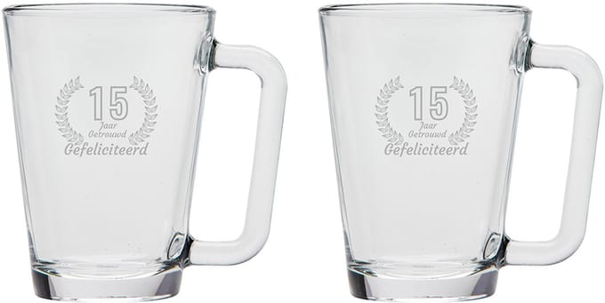 Gegraveerde set Theeglazen 26cl Gefeliciteerd 15 jaar getrouwd