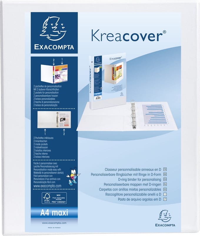 Exacompta 10x Kreacover Ringband in PP personaliseerbaar - 2 vakken - 4 D ringen 30mm - A4 maxi - Wit - 51942E