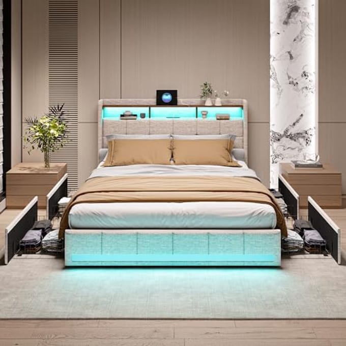 Bedframe 140 x 200 cm met LED-verlichting, USB-oplaadpunten en 4 opbergladen