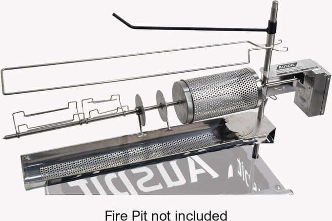 Auspit Gold Set – Complete Rotisserie BBQ Set met Draaispit, Spitmate en Firetray – RVS Outdoor BBQ voor Open Vuur en Houtskool