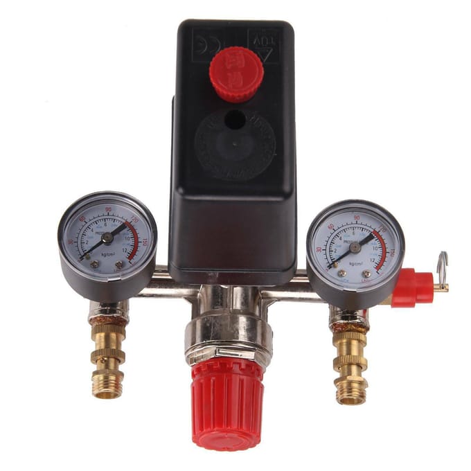 230V Drukschakelaar Luchtklep Inlaatspruitstuk Compressor Regelaar Meter Set Red & Gold & Black