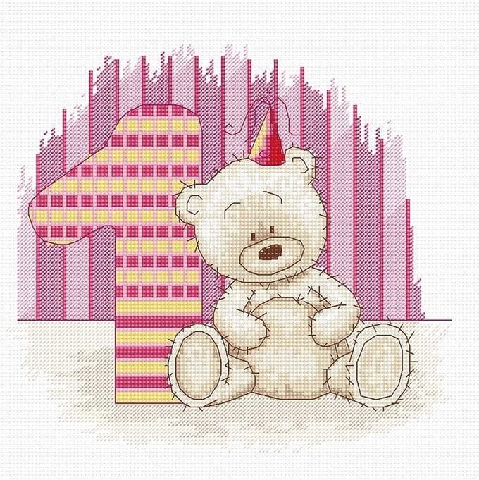 Luca-S - Borduurpakket - Beer 1 jaar - roze - 19 x 17 cm - aida - B1088